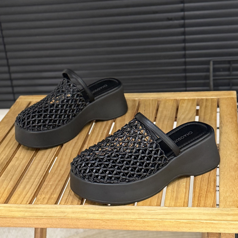 6cm Korean-Style Woven Hollow-Out Closed-Toe Slippers for Women, Summer Outdoor Wear, 2026 Hot Style, Leg-Lengthening, Breathable, Height-Increasing Half Slippers for Women