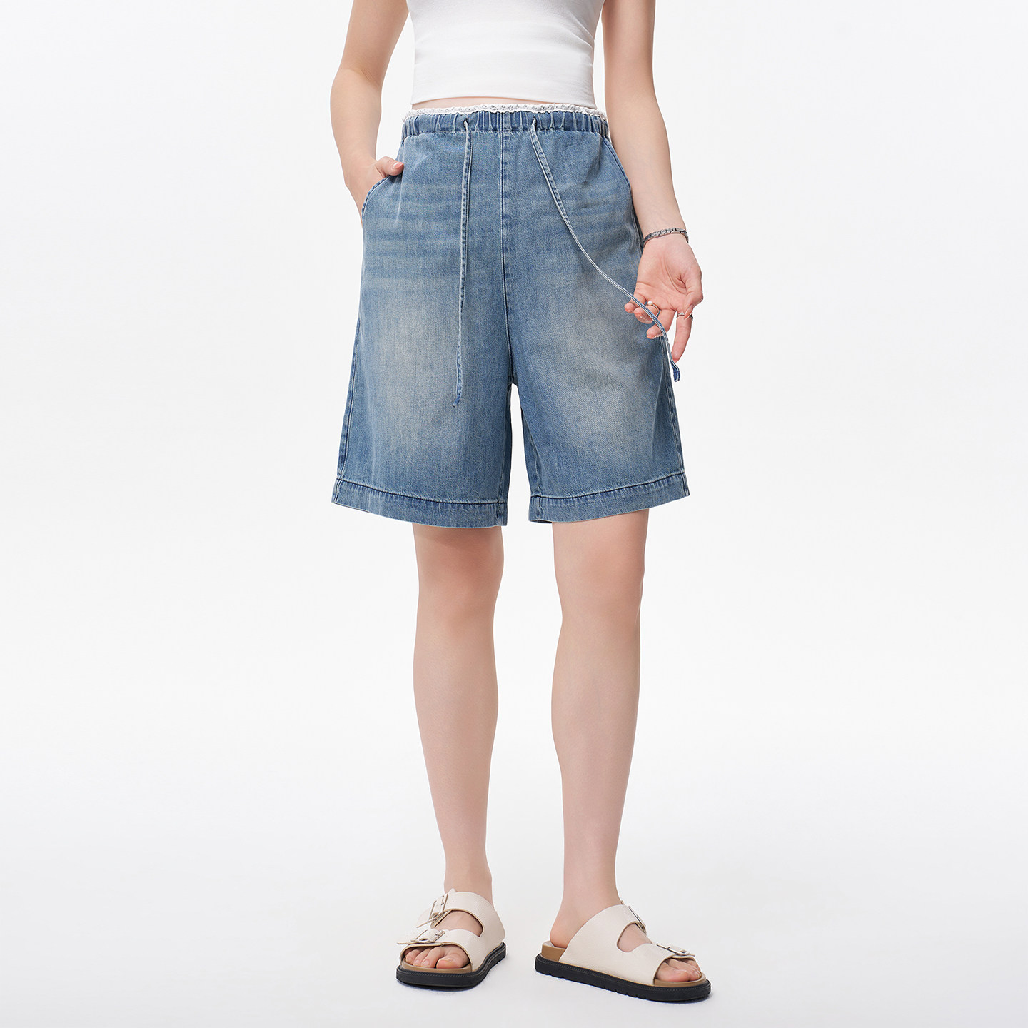 Masanon Maternity Jeans Summer Thin Style Outerwear for Petite Women with Lace Trim Five-Point Shorts Summer Wear 2026 New Model — 1