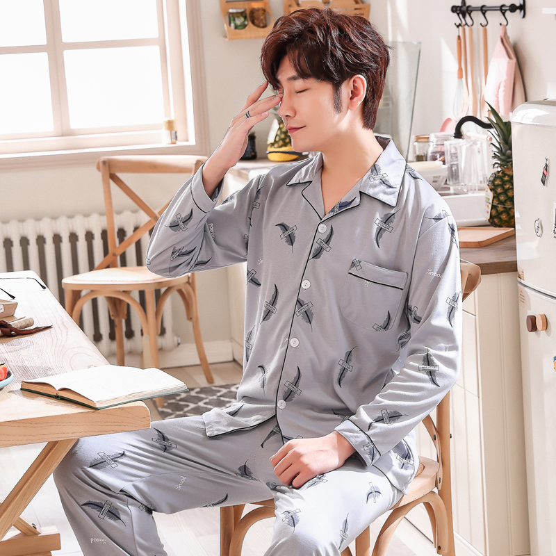 Men's pajamas long sleeve cotton spring and autumn thin thin pieces can wear pajamas men middle-aged autumn and winter home suit