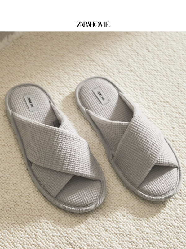 Zarahome Pure Cotton Fabric Simple Plain Checkered Pattern Open-Toe Thin-Soled Slippers Home Shoes Casual Shoes Light Gray
