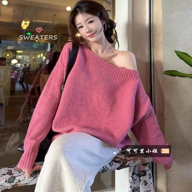 Korean style lazy style off-shoulder pullover sweater for women