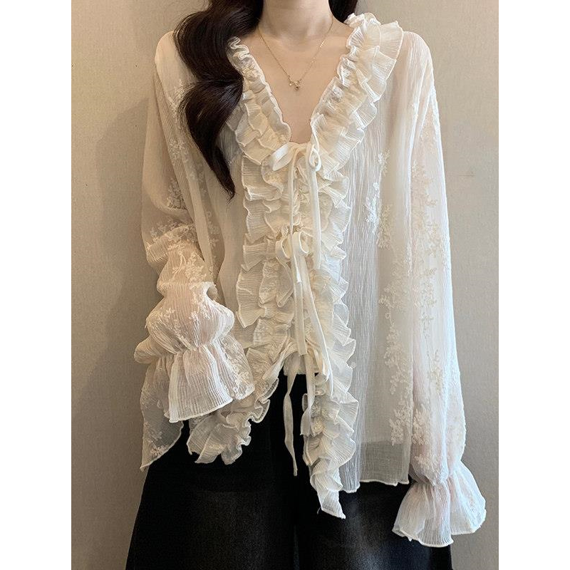 Lace-Trimmed Embroidered V-Neck Flared Sleeve Blouse for Women, 2026 Spring/Summer New Style, Plus-Size Flared Sleeve Top Lace-Trimmed Embroidered V-Neck Flared Sleeve Blouse for Women, 2026 Spring/Summer New Style, Plus-Size Flared Sleeve Top