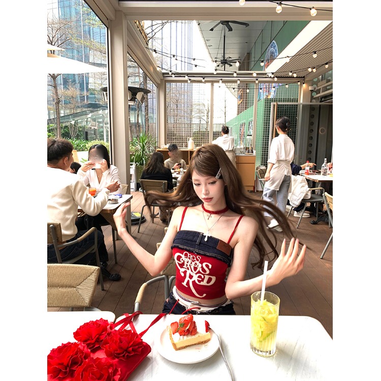 Letter Print Patchwork Denim Camisole for Women, Summer Slim-Fit Sleeveless Outerwear with a Stylish Design, Trendy Color-Block Top
