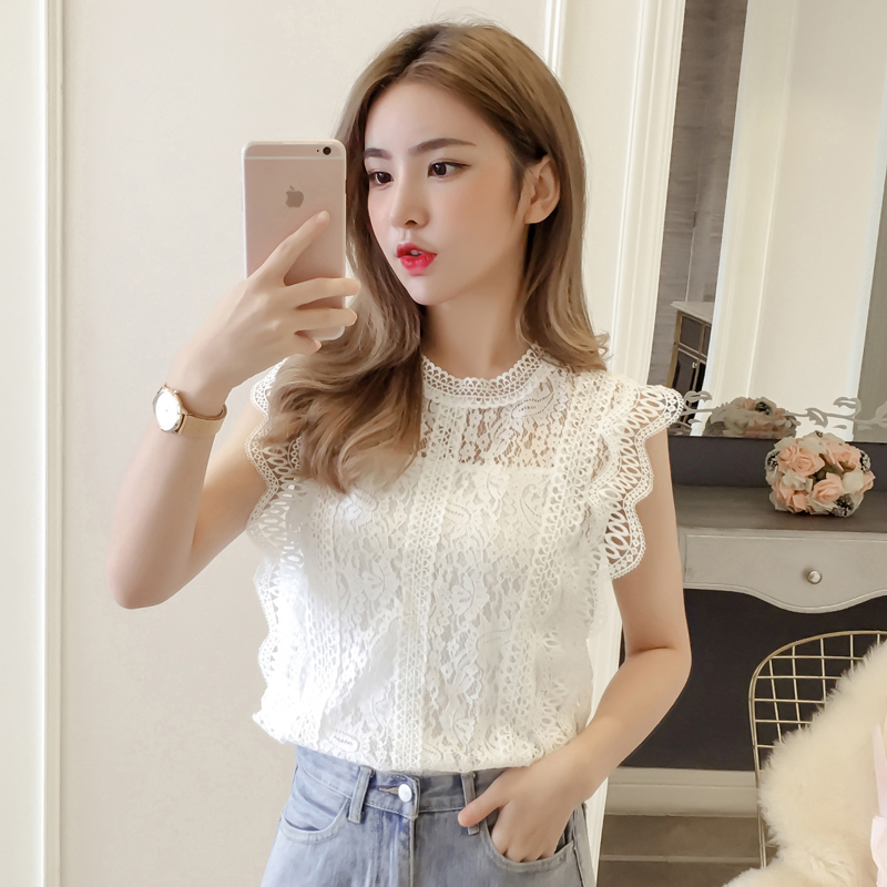 Sleeveless White Lace Top Fairy Blouse 2023 Summer New Korean Style Lace Stand Collar Fresh Vest Chiffon Shirt
