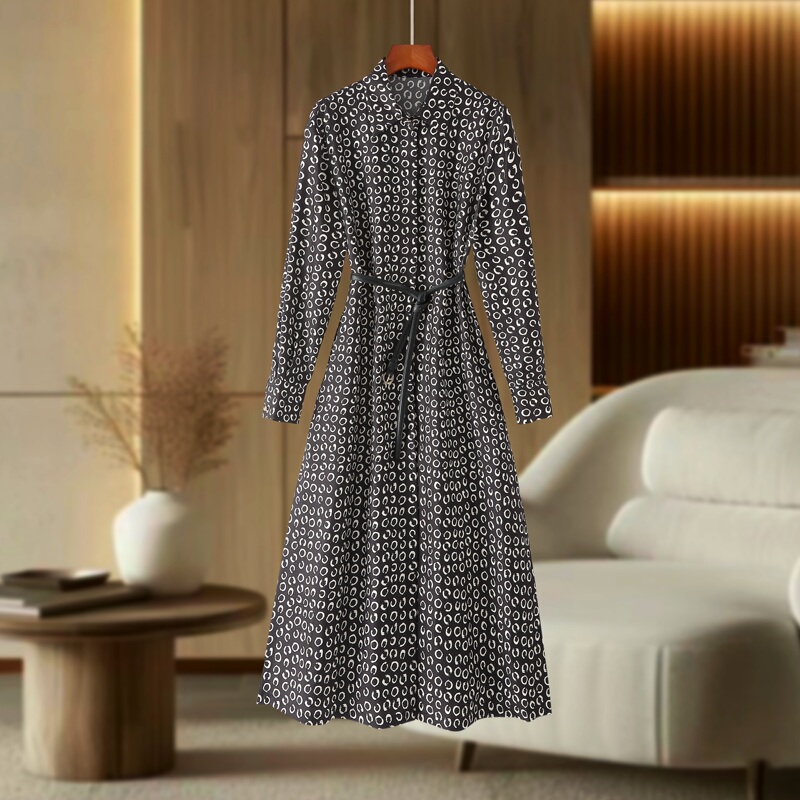 2026 Autumn New Elegant Lapel Long Sleeve Silk Printed Shirt-Style Belted Dress F3843