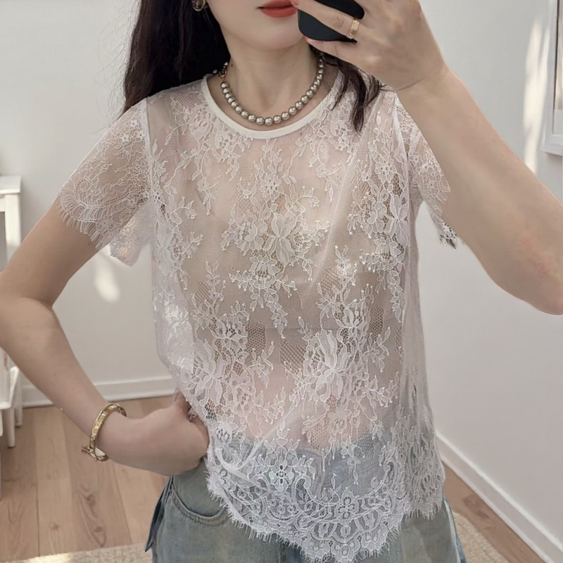 Romantic Round-Neck Short-Sleeve Lace Top for Women, Summer Sheer Slimming Versatile Hollow-Out Blouse for Outerwear or Layering Romantic Round-Neck Short-Sleeve Lace Top for Women, Summer Sheer Slimming Versatile Hollow-Out Blouse for Outerwear or Layering