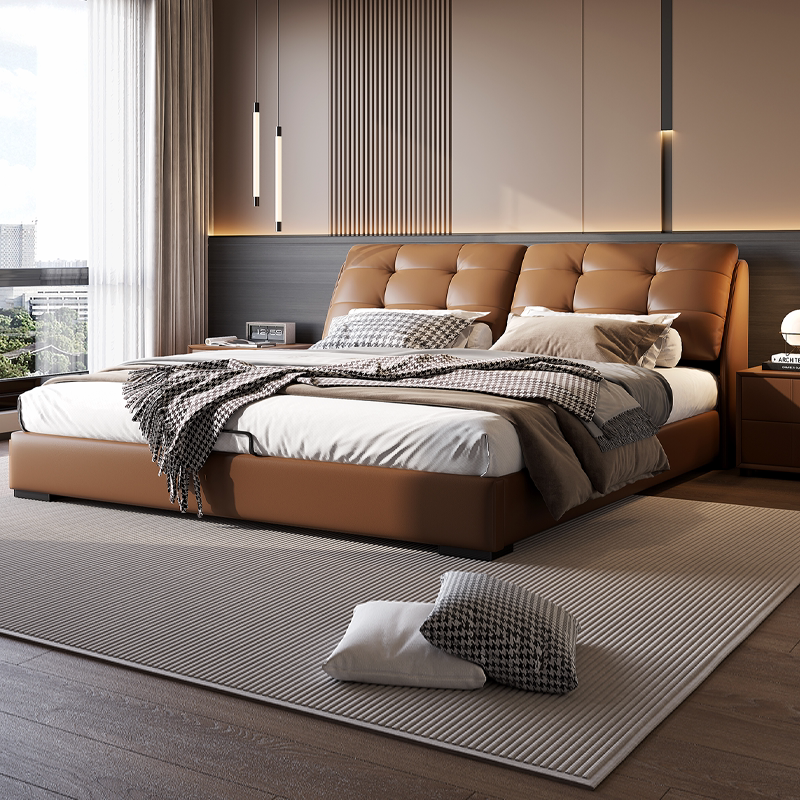 Genuine Leather Double Bed for Home Use with 2m Drawers, 2.2m Air Pressure Storage Beds, Modern Simple Master Bedroom Wedding Bed