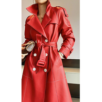  Designer autumn new double-breasted lace-up leather leather coat womens mid-length windbreaker jacket sheepskin fur coat