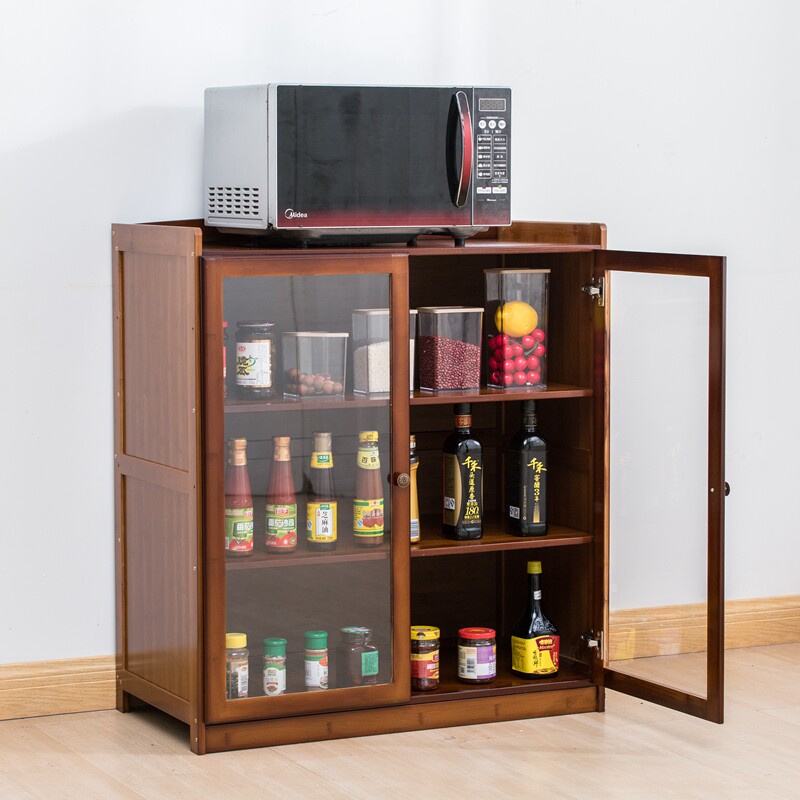 Kitchen Microwave Storage Cabinet Cupboard Sideboard Cabinet Simple Breathable Dining Cabinet Solid Wood Bamboo Home Shelf