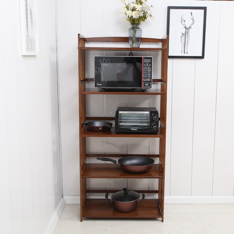 Bamboo rack kitchen microwave rack balcony floor-to-ceiling multi-layer solid wood walnut color storage storage rack
