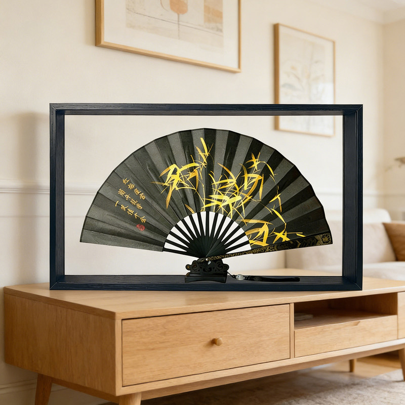 Chinese-Style Retro Folding Fan Photo Frame with Wooden Border, Decorative Picture Frame, Desktop Ornament, Collectible Souvenir, Double-Sided Transparent