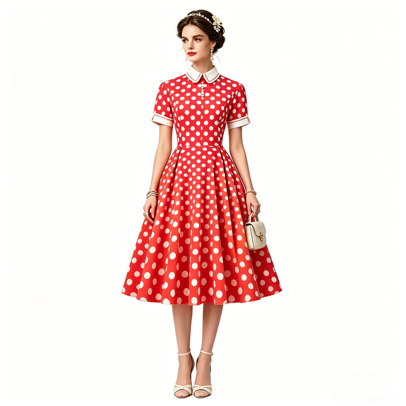 European and American Retro Style Court Noble Performance Attire Annual Party Dress Mid-Length Polka Dot Dress Vintage Cotton European and American Retro Style Court Noble Performance Attire Annual Party Dress Mid-Length Polka Dot Dress Vintage Cotton