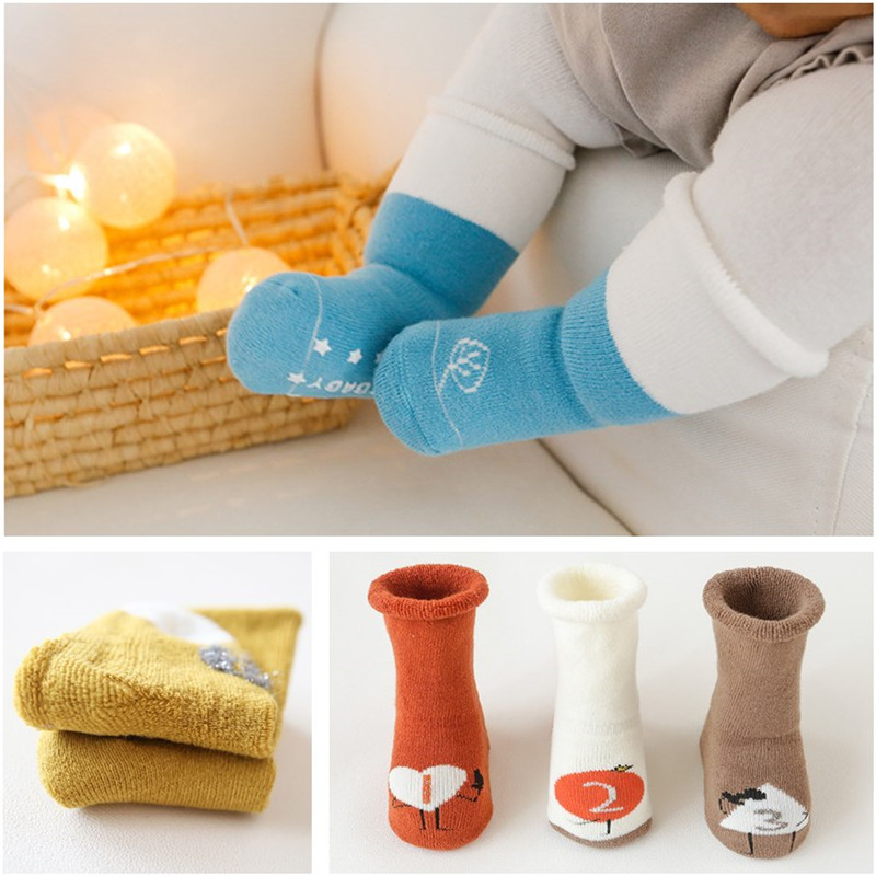 3 Double Loaded Children Socks Autumn Winter Baby Socks Thickened Woolen Collar Midbarrel Baby Stop Slip Socks Point Gum Flooring Socks
