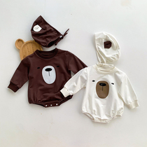 Korean cute bear baby jumpsuit hat 2021 autumn new male and female baby long sleeve ha clothes climbing clothing Cotton