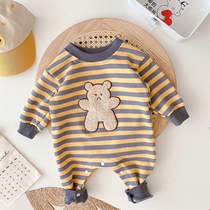 Super cute cartoon bear baby Autumn striped jumpsuit 21 new men and women Baby long sleeve ha clothes out climbing clothes