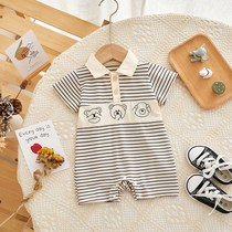 Baby one-piece clothes 22 summer dress new male baby short sleeve khacoat small bear striped short sleeve climbing suit foreign air outsuit