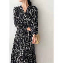 Pumen XUS autumn afternoon French Retro V-collar floral dress long sleeve autumn womens waist folds