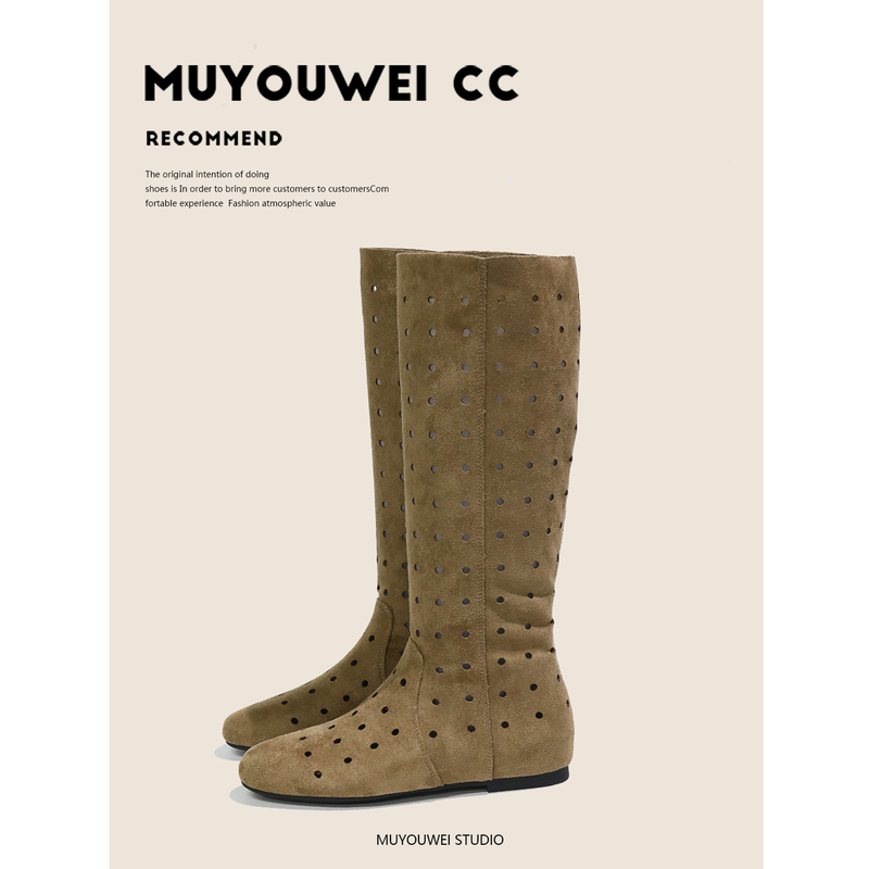 Women's 4cm Height-Increasing Long Boots, Vintage Summer Style, Round Hole Hollow Breathable High-Top Riding Boots, Suede Western Boots Women's 4cm Height-Increasing Long Boots, Vintage Summer Style, Round Hole Hollow Breathable High-Top Riding Boots, Suede Western Boots
