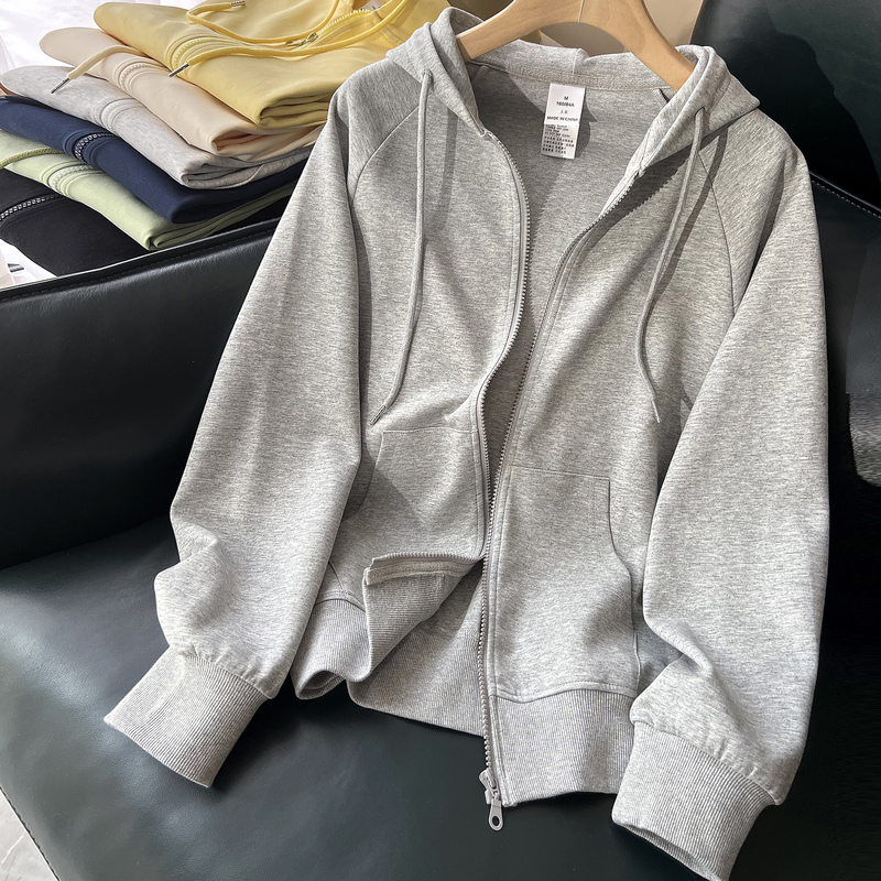 Gray Sweatshirt Women's Cardigan Spring and Autumn Thin Sports Casual Top Hooded Zipper Short Hoodie with Hood Jacket