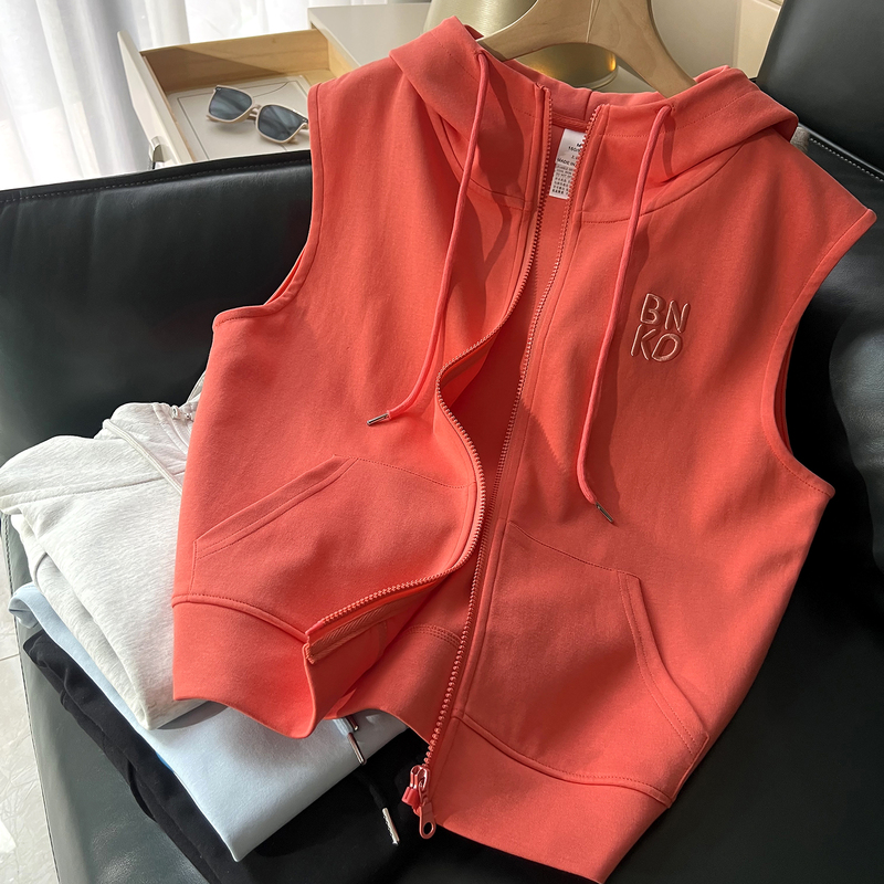 Women's Vest Spring and Autumn Casual Solid Color Outerwear Hooded Cardigan Sleeveless Sweatshirt Vest with Hood High Collar Jacket