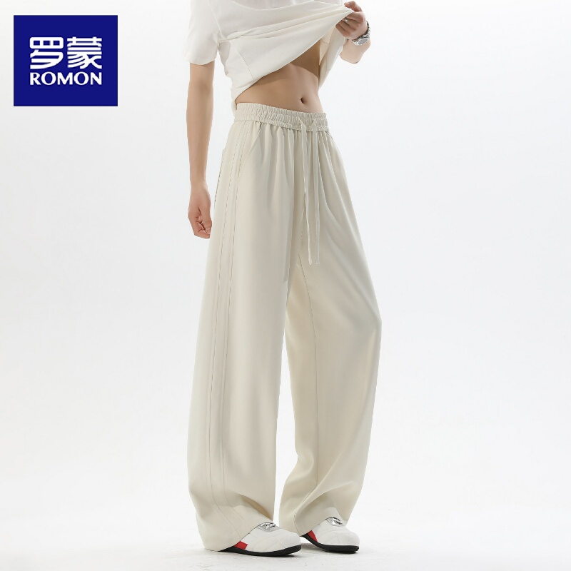 Romon Off-White Men's Summer Thin Drapey Wide-Leg Pants Cleanfit Loose Casual Straight Pants