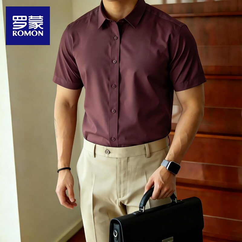 Romon Red Shirt Men's Short-Sleeved 2026 Summer New Style Dad's Wedding Banquet Groom Bamboo Fiber Shirt Men