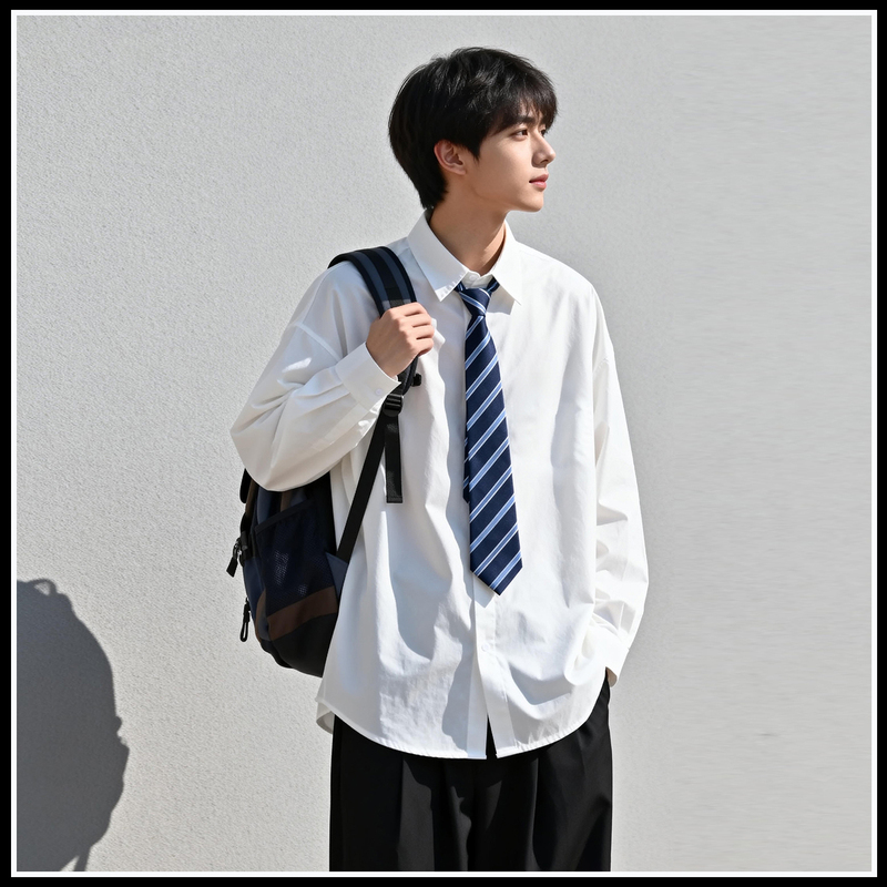 Romon White Long-Sleeved Shirt for Men, Loose-Fitting Dk School Uniform, Student Graduation Photo, Youth Fleece-Lined Shirt, Formal Jacket Romon White Long-Sleeved Shirt for Men, Loose-Fitting Dk School Uniform, Student Graduation Photo, Youth Fleece-Lined Shirt, Formal Jacket