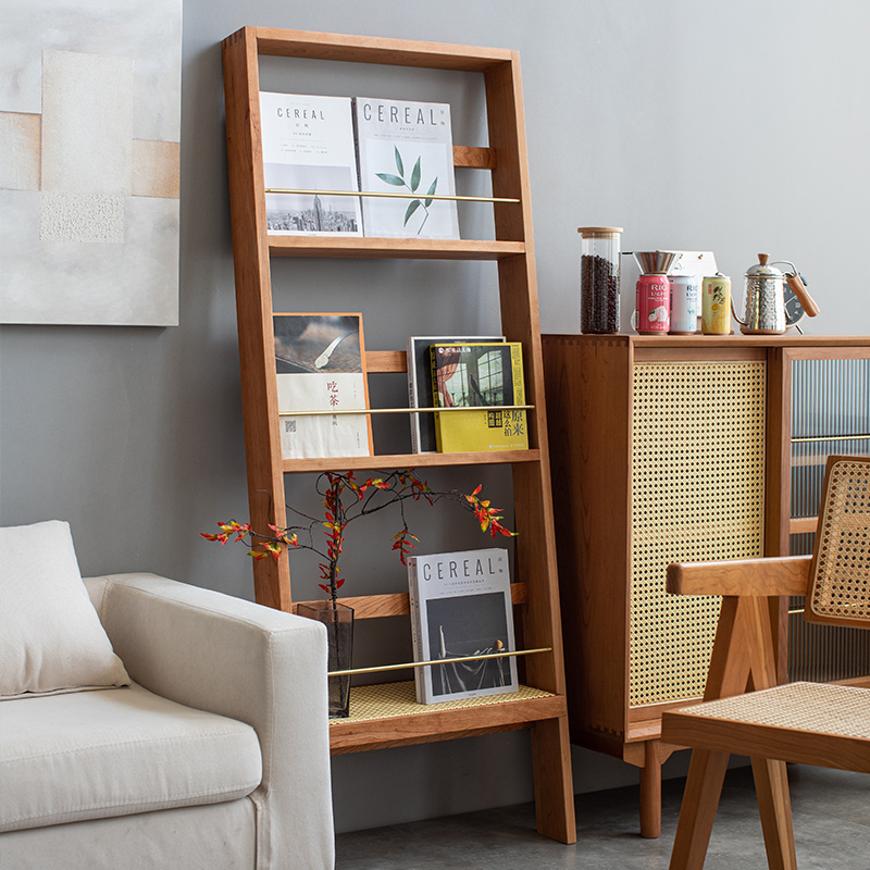 Nordic Cherry Wood Floor Bookshelf Small Family Type Living Room Display Cabinet Day Style Solid Wood Home Modern Minimalist Shelf