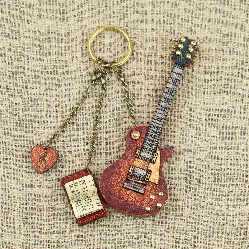 Handmade Genuine Leather Mini St/Lp Type Electric Guitar Keychain Pendant Collectible Display Item Cowhide Bag Decoration