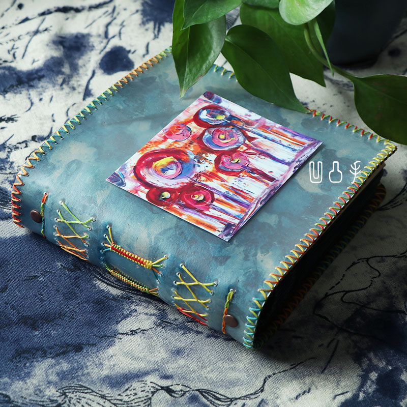 Handmade Creative Blue Hand-stitched Colored Thread Loose Leaf Genuine Leather Comic Book Thickened Cover Insert Bag Inner Page Ben 35 Inch Gift