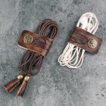 Bump hand leather collection line finishing buckle feather pattern retro hand colored first layer cowhide protection wire Winder