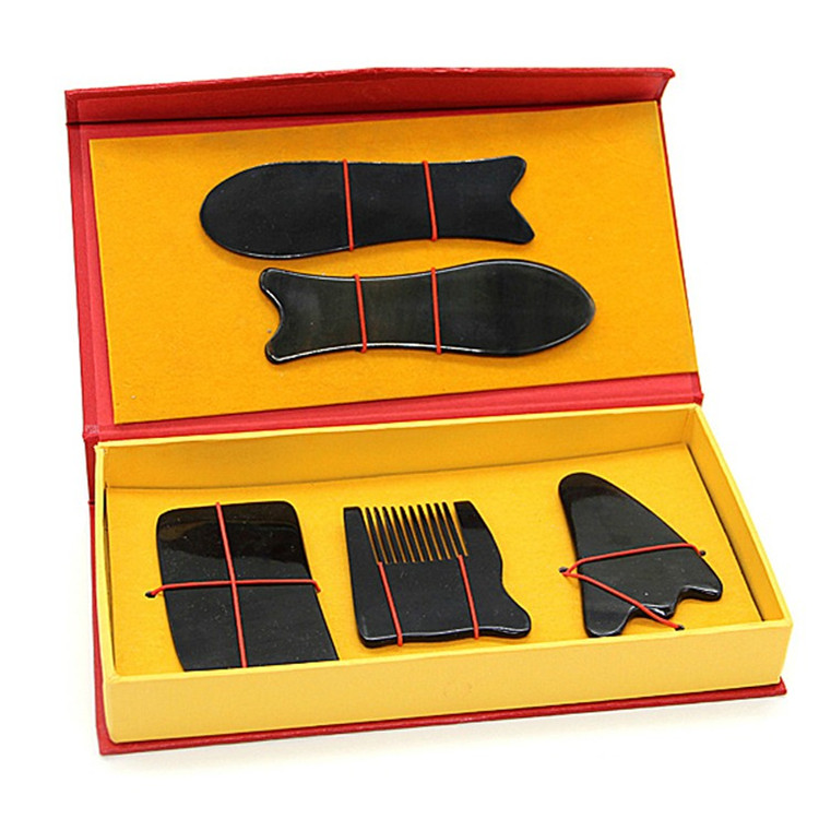 Natural black buffalo horn scraping board five-piece set) scraping board set horn) black set) black horn set