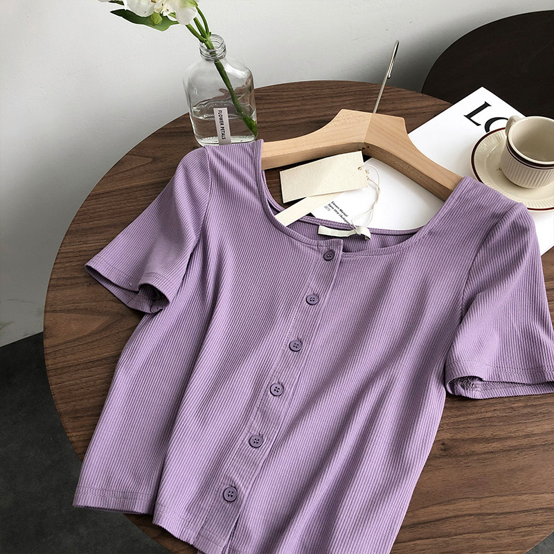 Korea ice silk knitted short-sleeved women's purple top 2021 new summer slim half-sleeve wild short version t-shirt