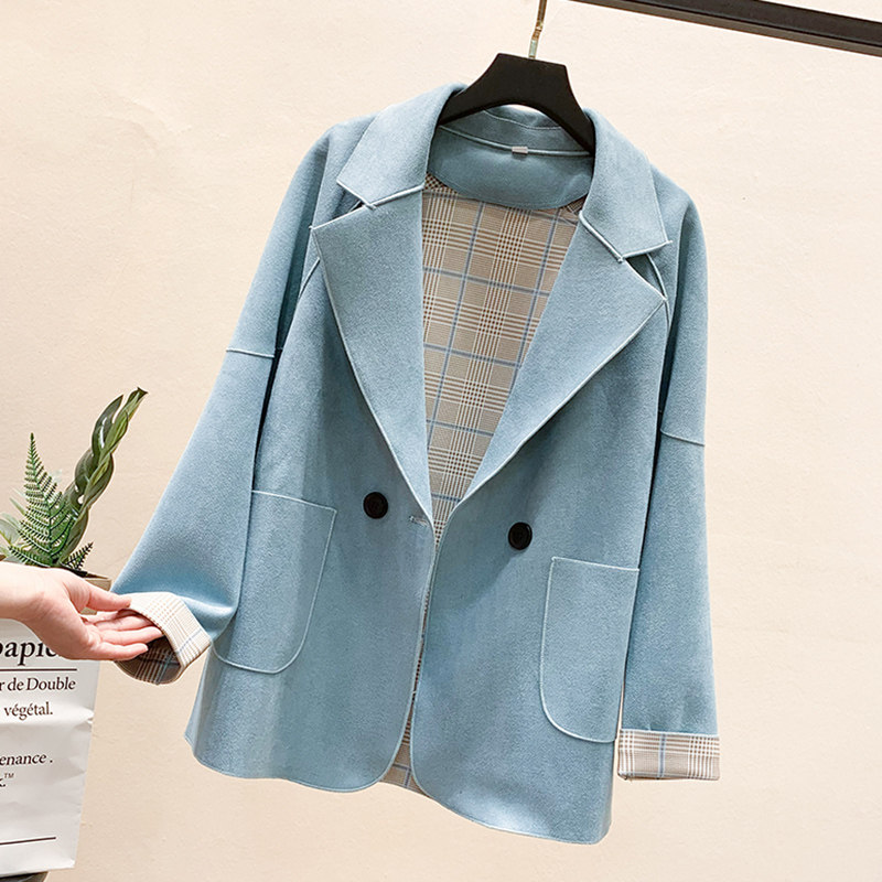 South Korea 2021 spring and autumn mid-length loose suit collar jacket women's blue casual suede small top trendy