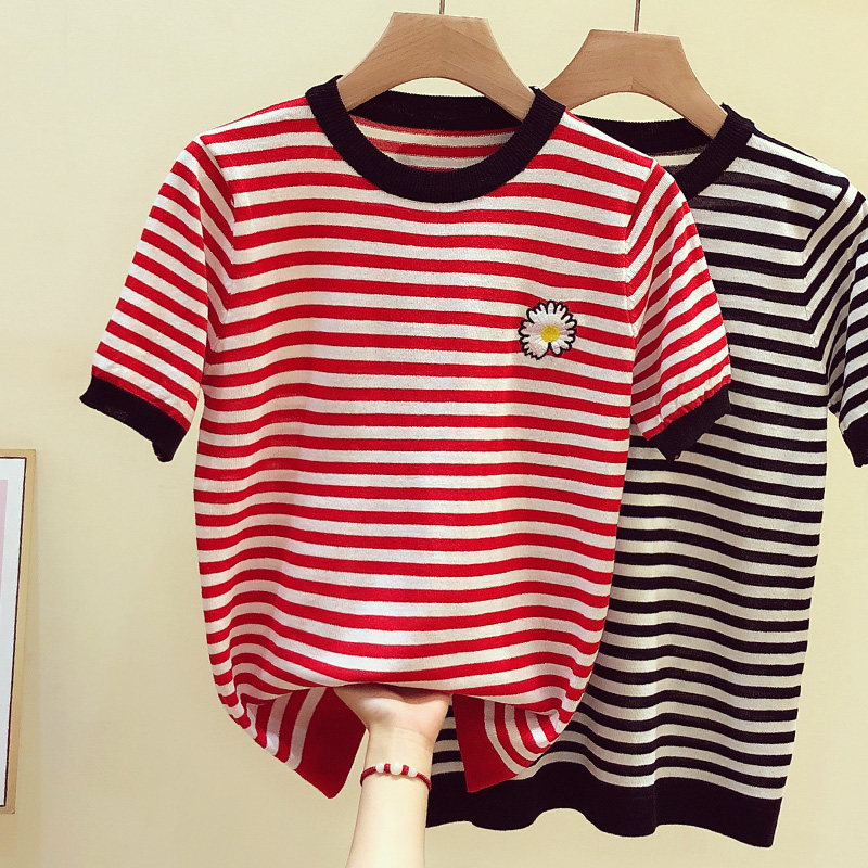 South Korea small daisy ice silk T-shirt women's short-sleeved loose striped knitted top women's 2021 summer new ins tide