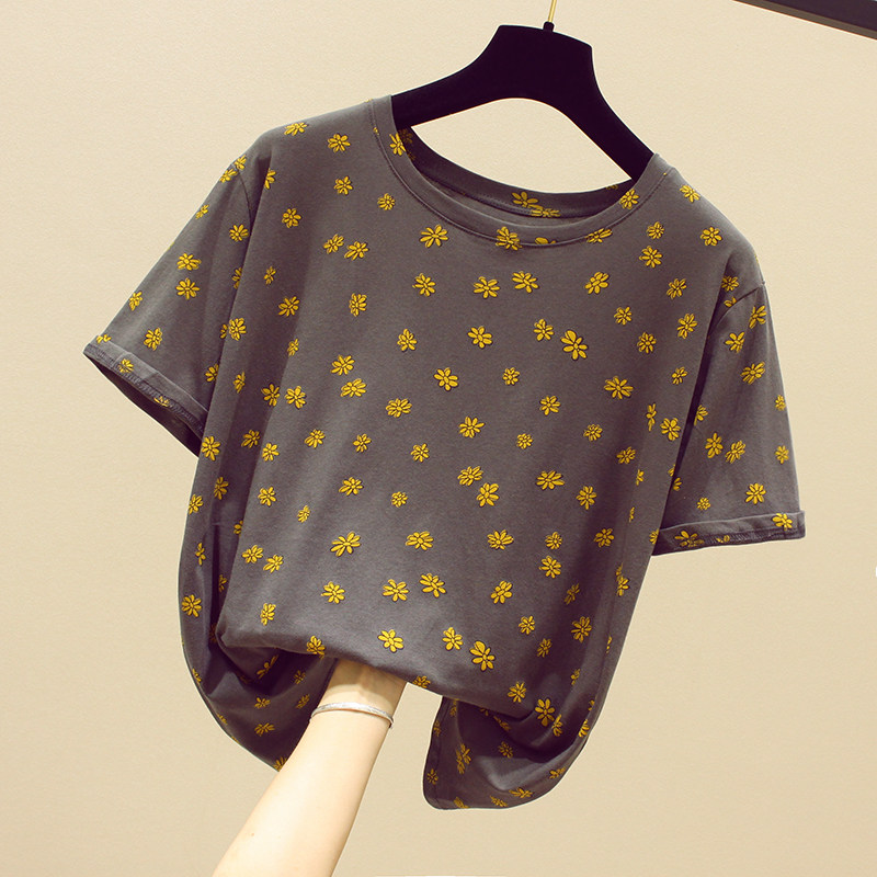South Korean short sleeve T-shirt female summer ins Chains nets red 2021 New printed beat bottom grey blouse loose t-shirt