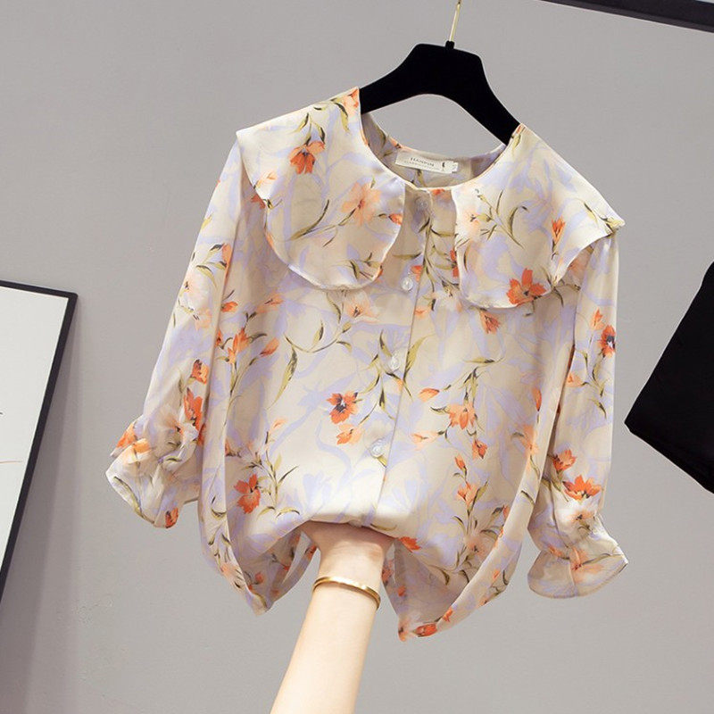 Korean floral short-sleeved chiffon shirt women's summer 2021 new style belly-covering top Western style waist half-sleeved shirt