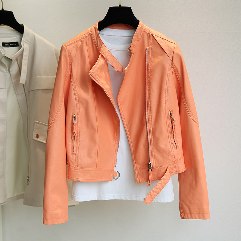South Korea Orange Peel Woman 2022 Spring Autumn New Neckline short Locomotive Clothing Real Leather Jacket Foreign Pie Jacket