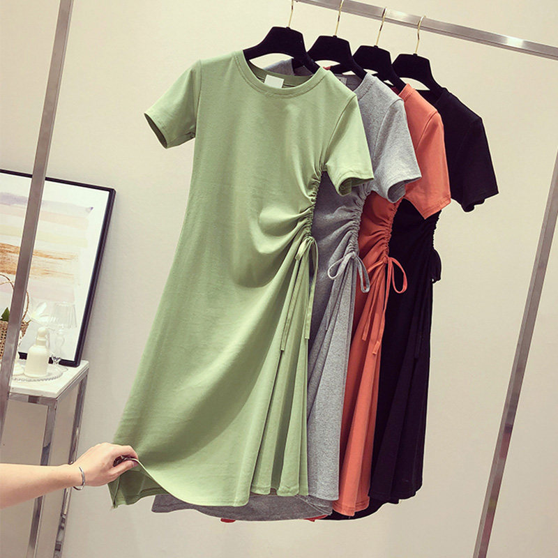 Korean avocado green dress women's summer 2020 new Korean version of the waist thin temperament drawstring popular skirt