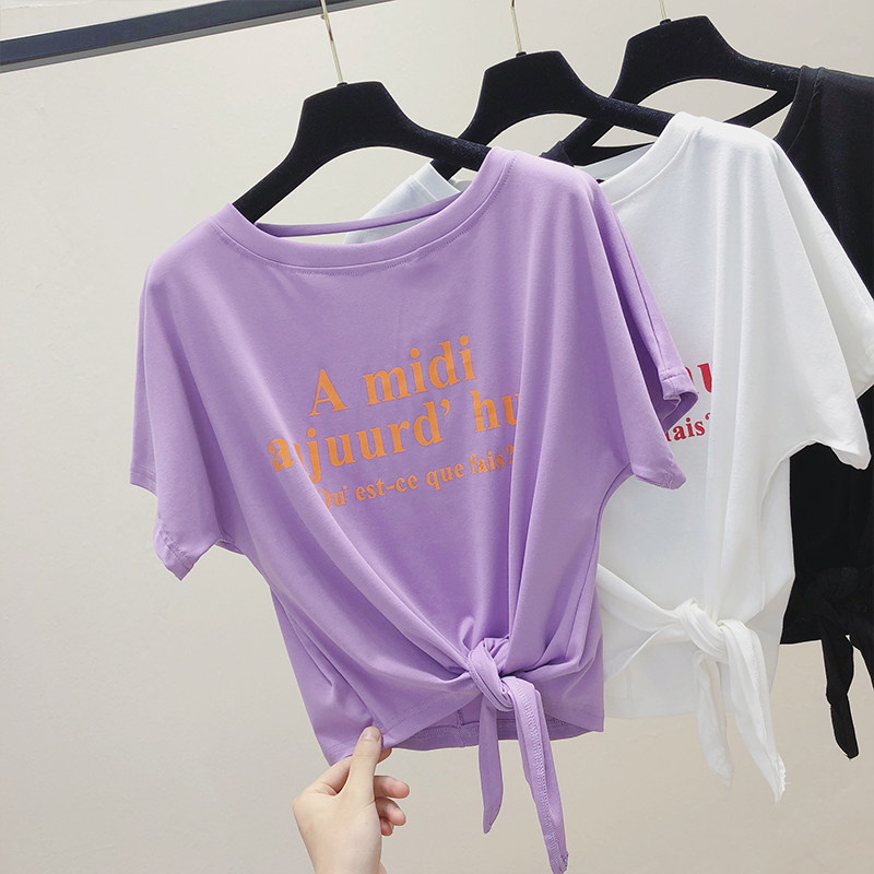 Korean irregular letter short-sleeved T-shirt women's summer 2022 new backless design scheming half-sleeved purple top