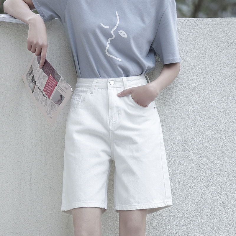 South Korea 2022 new spring and summer white five-point jeans women's shorts high-waisted thin loose straight five-point pants ins