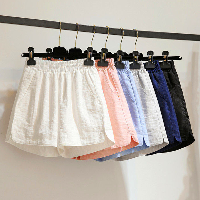 Korean casual shorts women's summer 2021 new elastic waist high waist loose black split female cotton and hemp sports hot pants