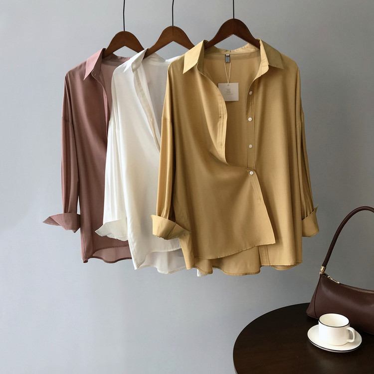 South Korea 2021 new net red drape shirt women's design spring and autumn solid color loose senior workplace texture shirt