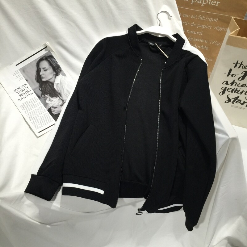 Korean Hong Kong style baseball uniform white stripe splicing cardigan black jacket female spring and autumn loose long-sleeved bomber jacket