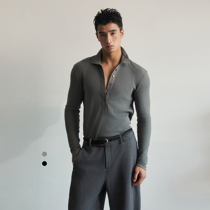 Southstudio Base Layer Shirt, Unisex, 26 Spring, Two-Tone, High Collar, Button-Down, Half-Open Placket, Can Be Worn as Outerwear