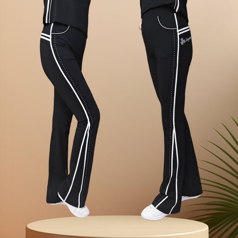 New Slim-Fit Jiamusi Fitness Exercise Pants, Black Rhinestone Roman Wide-Leg Pants for All Seasons, Size 26
