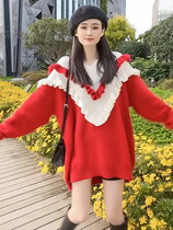 Design feeling sweet and slimmy mid-length V-collar knitwear women spring new loose lotus leaf edge splicing sweater