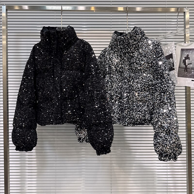 【In Stock for Immediate Dispatch】New Winter Fashionable Heavy Craft Colorful Sequin Fabric Stand Collar Warm Puffer Jacket down Jacket