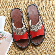 Embroidered retro style Bull Leather Slippers Indoor for men and women Home Rooms Spring Summer Non-slip Soft Bottom Genuine Leather Sandals