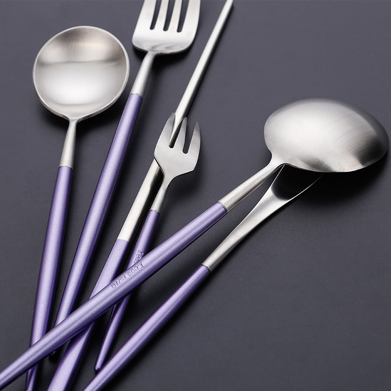European-Style 304 Stainless Steel Steak Knife, Fork, and Spoon Western Cutlery Set, Dessert Fork and Spoon, Creative Purple Handle, Gold-Plated Version European-Style 304 Stainless Steel Steak Knife, Fork, and Spoon Western Cutlery Set, Dessert Fork and Spoon, Creative Purple Handle, Gold-Plated Version